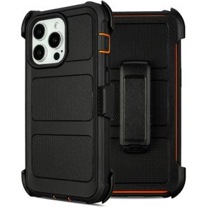 for Defender Phone Case iPhone 15 Pro Case with Clip Holster,Heavy Duty Rugged Full-Body Protective,3 Layers of Sturdy,Military-Grade Shockproof Cover for iPhone Pro 15 Case Defender(Black & Orange)