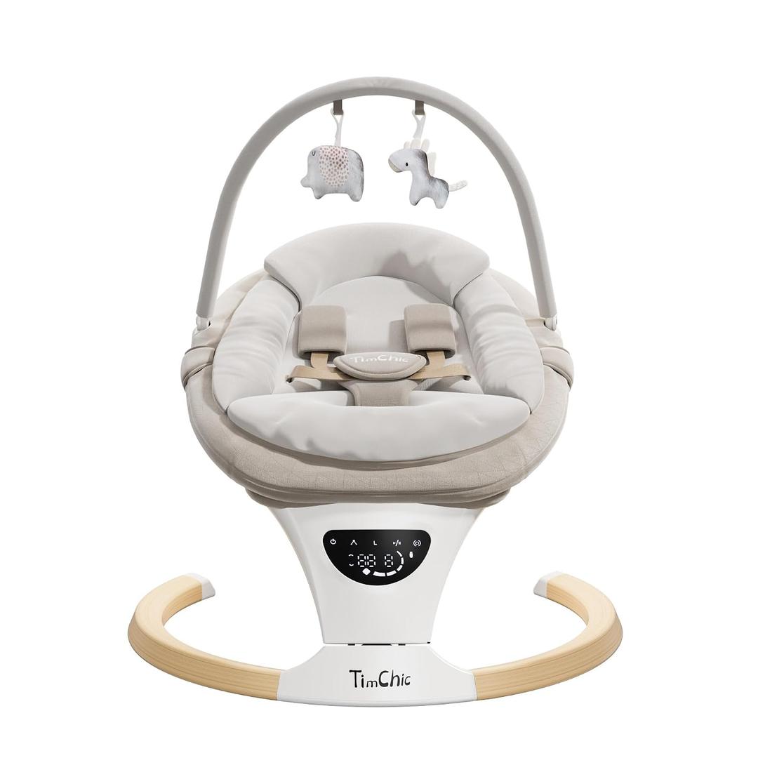 Baby Swings for Infants, Portable Infant Swing with 5-Speeds, 3-Adjustable Height, 3 Timer & 12 Preset Melodies, Mutil-Function Electric Swing for Baby, Indoor & Outdoor Use (Beige)