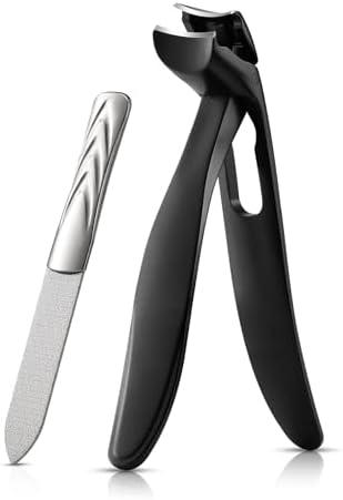 BEZOX Ergonomic Angled Head Senior Toenail Clipper for Thick and Ingrown Nails - Large Finger Nail Clippers Adult with Metal Nail File, Premium Nail Cutter Trimmer for Men and Women - Black