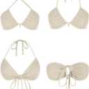 ZAFUL Women's Triangle Bikini Multiway Fishnet Tie Side Bandeau Halter String Bikini Set Two Piece Swimsuit Bathing Suits (Beige, S)
