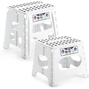 Delxo Folding Step Stool for Kids and Adults, Non-Slip Foldable Step Stools with Handle,Plastic Portable Folding Stool for Bathroom,Bedroom,Kitchen,Hold up to 300lbs White