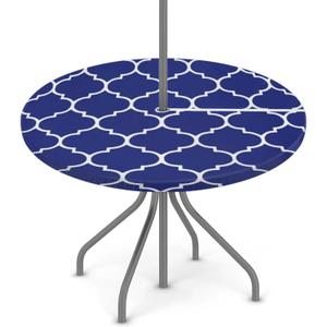 Fitted Round Tablecloth with Umbrella Hole and Zipper Navy Blue Outdoor Elastic Table Cloth 36"-44" Oil-Proof Waterproof Patio Table Cover for Dining Picnic Camping