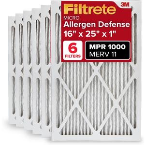 Filtrete 16x25x1 AC Furnace Air Filter, MERV 11, MPR 1000, Micro Allergen Defense, 3-Month Pleated 1-Inch Electrostatic Air Cleaning Filter, 6 Pack (Actual Size 15.69 x 24.69 x 0.81 in)
