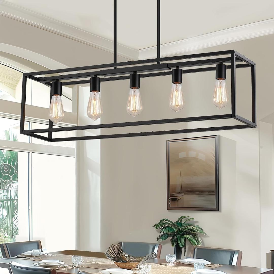 Yusist 5-Light Dining Room Light Fixture, Black Farmhouse Kitchen Island Lighting, Rustic Pendant Light Over Table with Adjustable Rods, Modern Linear Chandeliers for Dining Room Kitchen Island