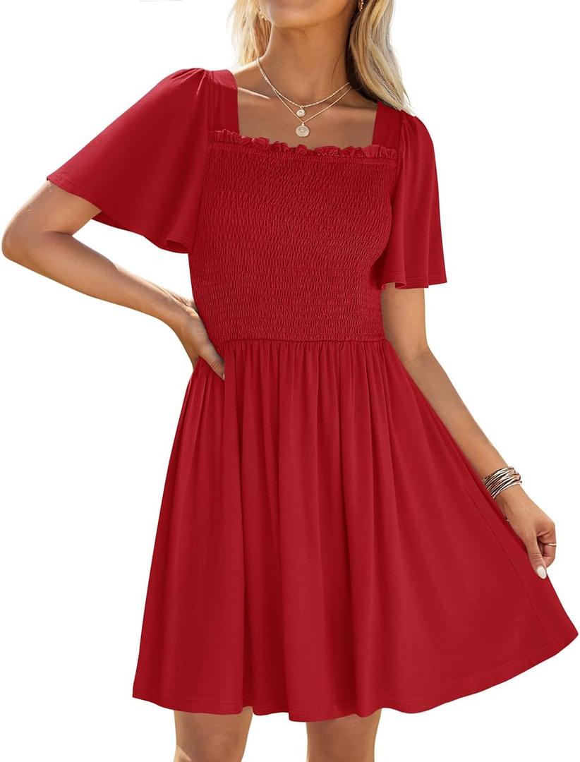 ZESICA Women's 2025 Summer Casual Mini Dress Flutter Short Sleeve Square Neck Smocked Tiered Ruffle Flowy Dresses (Medium)