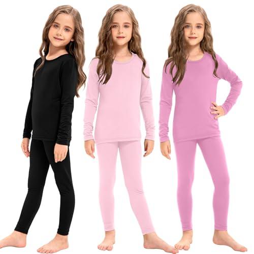 Silkfly 3 Set Girls Thermal Underwear Soft Winter Thermal Top and Bottom with Fleece Lined Base Layer for Girls (XS, Black, Pink, Rose Pink)