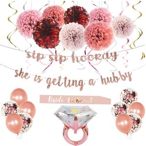 Bachelorette Party Decorations Bridal Shower Supplies Rose Gold Kit Ring Balloons,Banner,Swirl,Paper Pom Poms,Bride to Be Sash for Hens Night Party Decoration