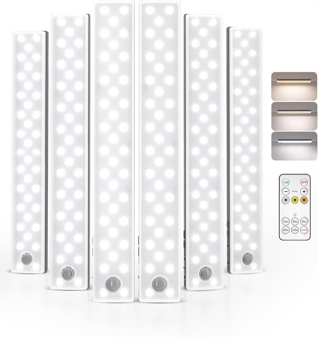 EZVALO Under Cabinet Lights, 62 LED Rechargeable Battery Operated Motion Sensor Light Indoor 3 Color Temps, Wireless Closet Lights Under Counter Lights for Kitchen 6 Pack