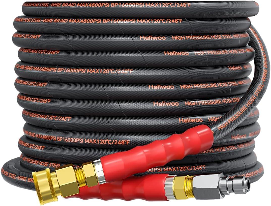 Pressure Washer Hose 25FT 3/8", 4800PSI No Marking Kink Free Hose with Quick Connect Ends and Adapters for Hot & Cold Water up to 140F, Steel Wire Braided Hose for Power Washing