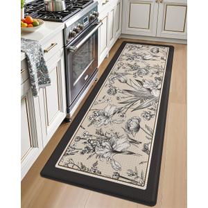 LUMI Anti Fatigue Kitchen Cushioned Mat for Floor, Ultra Soft Non-Slip Waterproof Runner for Standing, Stain Resistant PVC Comfort Rugs for Home, Office, Sink, Laundry, 24x59 (Cream Black)
