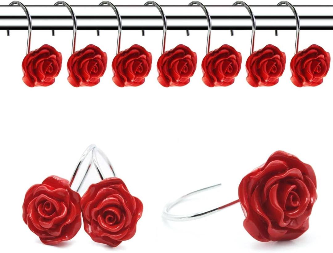 12 PCS Home Fashion Decorative Anti Rust Shower Curtain Hooks Rose Design Shower Curtain Rings Hooks (RED)