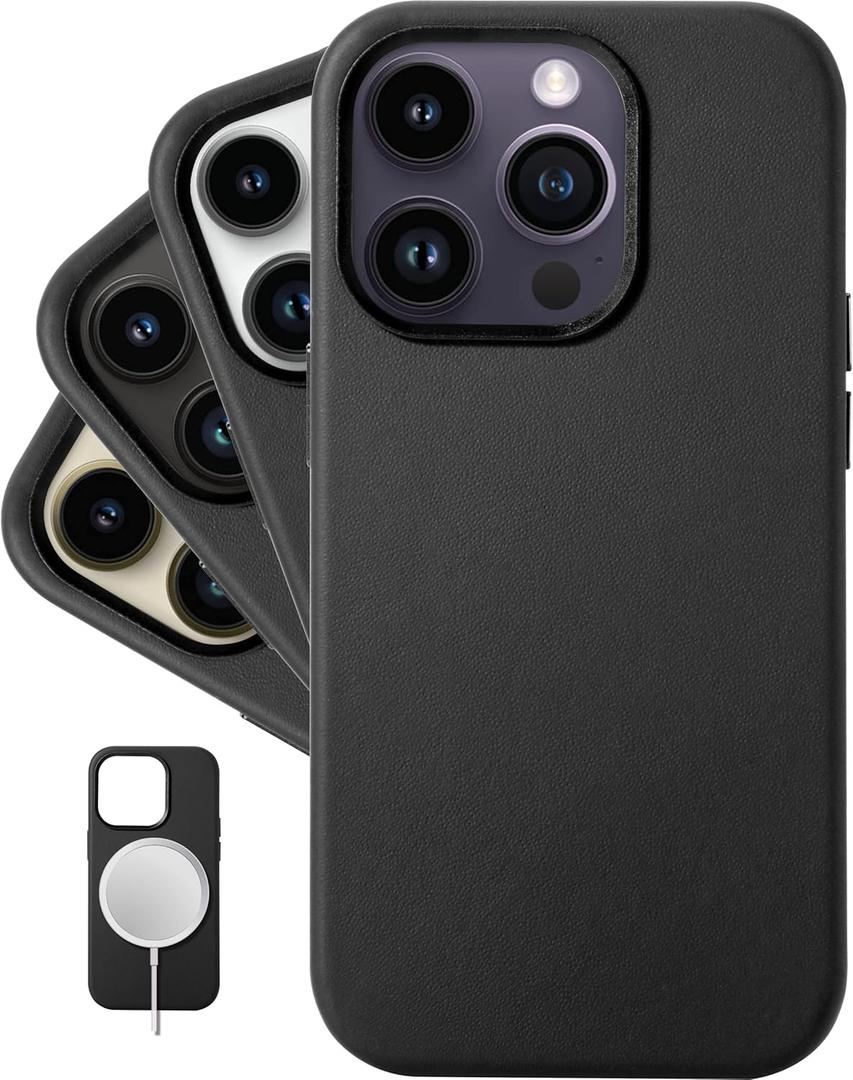 LONLI Classic - (for iPhone 14 Pro) - European Nappa Leather Case - Smoothen and Soften Over Time - Compatible with Magsafe - Black