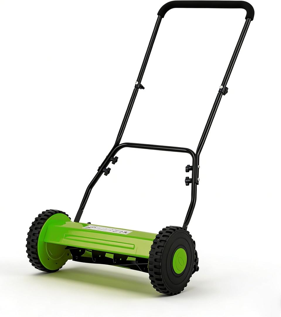 Push Reel Lawn Mower, 14 Inch 5-Blade Manual Reel Lawn Mower, Walk-Behind Lawn Mower with Adjustable Cutting Height, Green