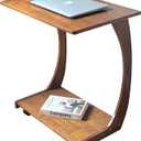 Solid Wood C-Shaped End Table with Wheels, Walnut Slide Under Sofa Side Table with Storage Shelf, Mobile Accent Table for Living Room Bedroom