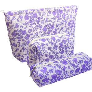 3 Piece Purple Quilted Floral Makeup Bag Set Small Cosmetic Bag For Women Cute Cotton Makeup Pouch For Purse