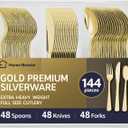 144 Pack Gold Premium Plastic Cutlery Disposable Silverware Set - 48 Forks, 48 Knives, 48 Spoons - For Catering, Parties, Dinners, Weddings, and Everyday Use, Plastic box packaging