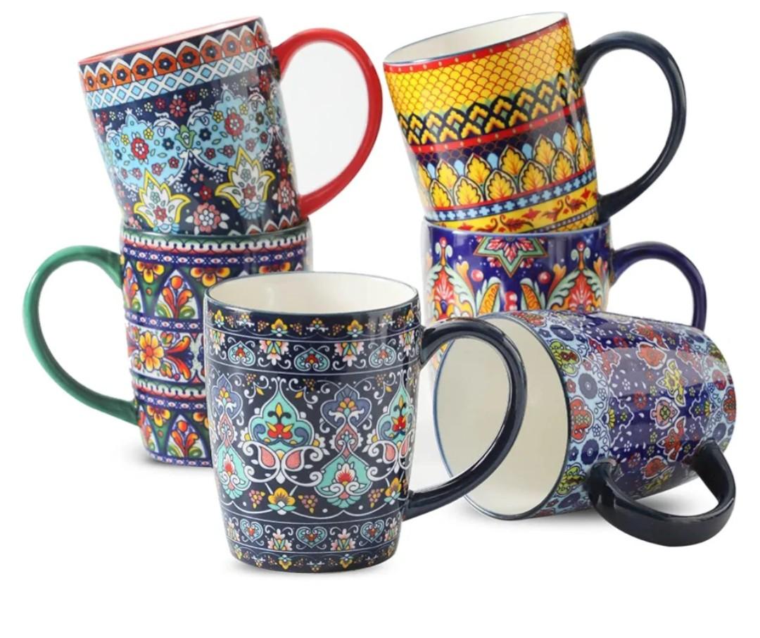 Glowworm Coffee Mugs Set of 6, 16 oz Ceramic Coffee Mug with Handle, Large Coffee Cups for Latte, Cappuccino, Milk Dishwasher & Microwave Safe, Bohemian