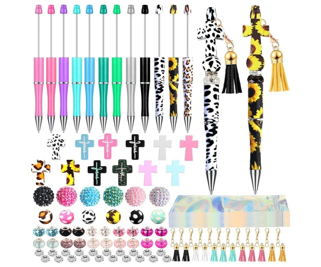 112 Pcs Beadable Pens Bulk 12 Pcs Jesus Assorted Colors Beads Tassels DIY Making Kit Multicolor Cross Silicone Focal for Pens Ball Point Pen for Students Office School