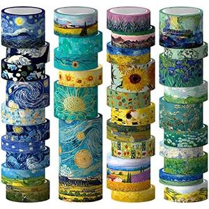 Geesinimo Washi Tape Set, 36 Rolls Van Gogh Vintage Gold Washy Tape, Wide Decorative Tape for Journaling, Scrapbooking Supplies,Vision Board Supplies, 6 Sizes Craft Watercolor Tape