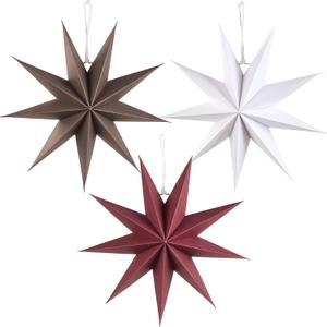 SUNBEAUTY 3 Pcs 9-Pointed Brown Burgundy White Paper Star Lanterns 12 Inch Christmas Hanging Lamp Rustic Paper Decorations Shade Wedding Birthday Christmas Home Party Decorations