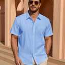 Alimens & Gentle Mens Short Sleeve Cotton Linen Texture Shirt Casual Untucked Button Down Lightweight Shirts Summer Beach (Blue, M)