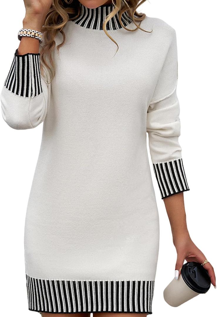 Color Block Sweater Dress for Women Mini - Long Sleeve, Mock Neck, Short Knit Dresses, Casual Fall Dresses (Medium, White)