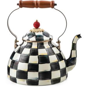 MACKENZIE-CHILDS Enamel Tea Kettle, Stylish Tea Kettle for Stovetop, Black-and-White Courtly Check, 3 Quarts (3 Quarts, Courtly Check)
