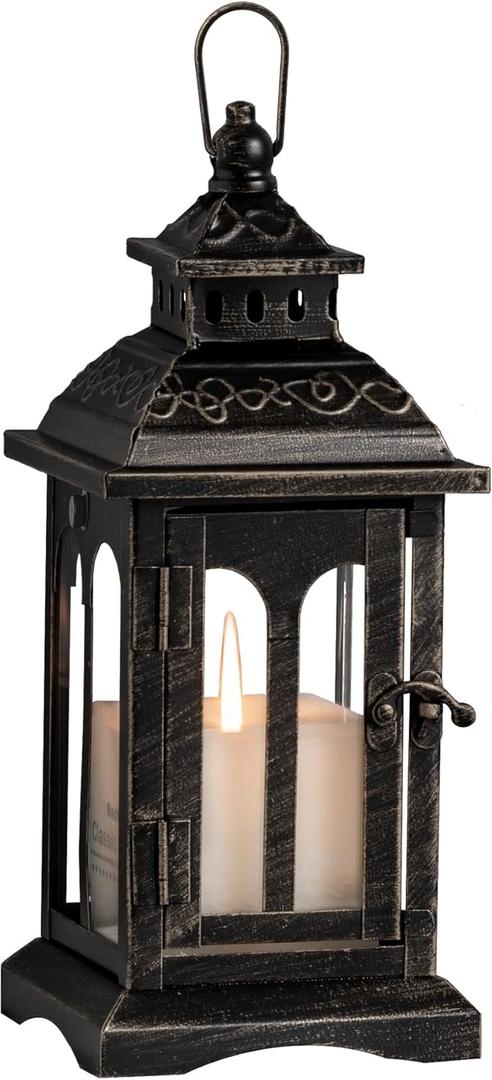 DECORKEY Candle Lantern Decorative Indoor & Outdoor, Christmas Vintage Metal Hanging Lanterns Decor for Front Porch Home Patio Wedding Party, Halloween Decorations (Black with Copper Brush)