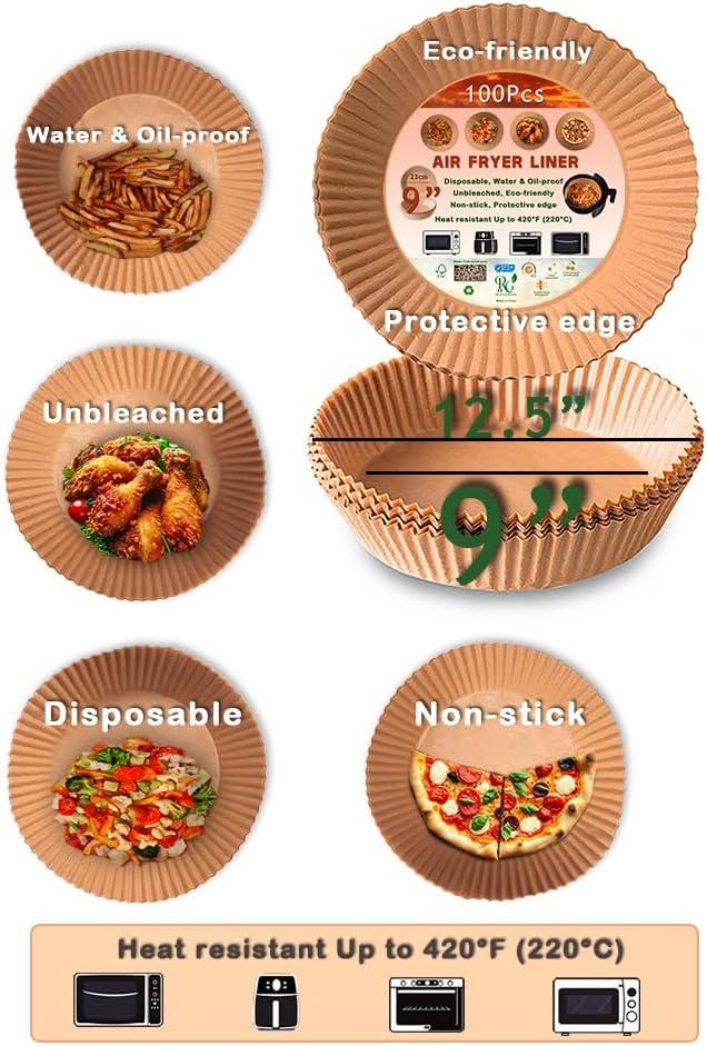 Air Fryer Liners (Round), Disposable, Water & Oil-proof, Unbleached, Non-stick, Protective Edge, 100pcs Larg, 9 inches.