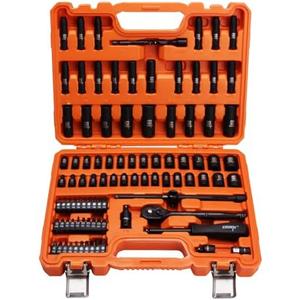 DISEN 94 PCS 1/4" Drive Impact Socket Set, Shallow & Deep Socket SAE(5/32"-9/16") & Metric(4-15mm), Torx Screwdriver Bit Set, 72T Ratchet Wrench Handle, CRV Tool Set with Adapter, Automotive Repair