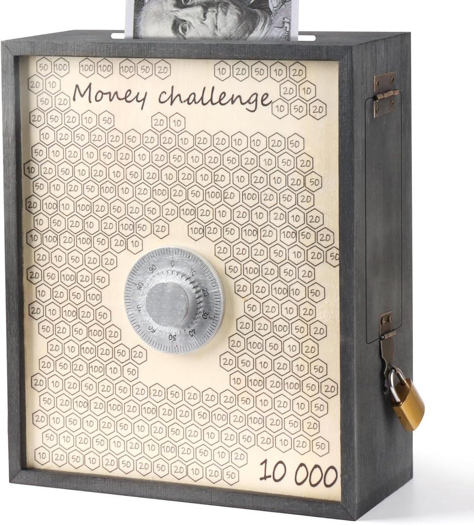 10000 Money Saving Box with Lock, Large Wooden 10k Savings Challenge Box $10,000 Reusable Coin Money Challenge Cash Vault Saving Box Saver Tracker Number Piggy Bank for Adults Kids, Blue