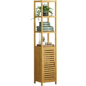 VIAGDO Storage Tall Slim Cabinet with Shutter Door and 3 Tier Shelves, Freestanding Linen Tower Cabinet for Living Room, Kitchen, Bathroom Organizer, Natural Bamboo, Small