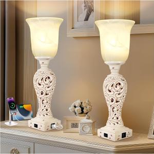 Bedside Table Lamps for Bedroom Set of 2, 3-Way Dimmable Nightstand Lamps with 2 USB Charging Ports, 20" Vintage Desk Lamps with White Alabaster Glass Shade for Living Room Entryway, LED Bulb Included