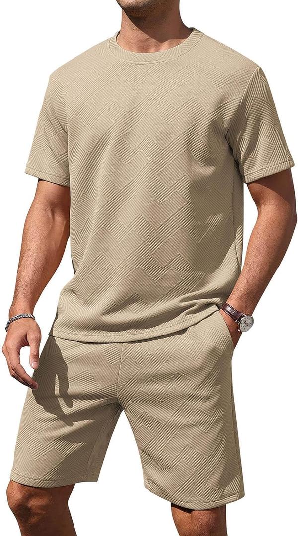 Aiyino Mens 2-Piece T-Shirt & Shorts Set Casual Track Suit for Summer | Relaxed Fit for Gym, Running, Travel or Lounging. (Beige, XL)