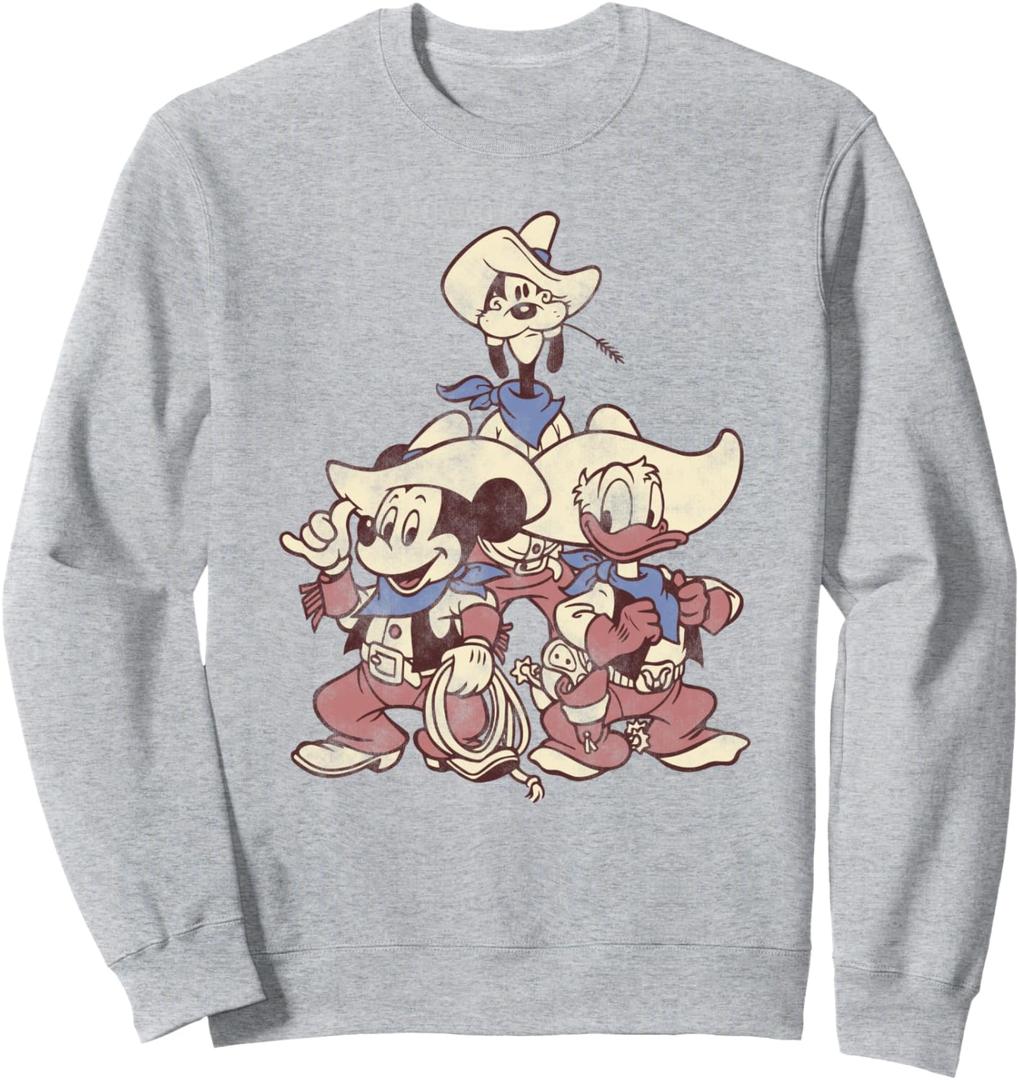 Disney Mickey And Friends Vintage Cowboy Western Group Sweatshirt (Small, Heather Grey)