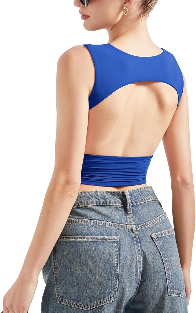 SUUKSESS Women Sexy Backless Crop Top Summer Y2K Going Out Tank Top Casual Sleeveless Basic Top Shirts (Hemp Blue, XS)