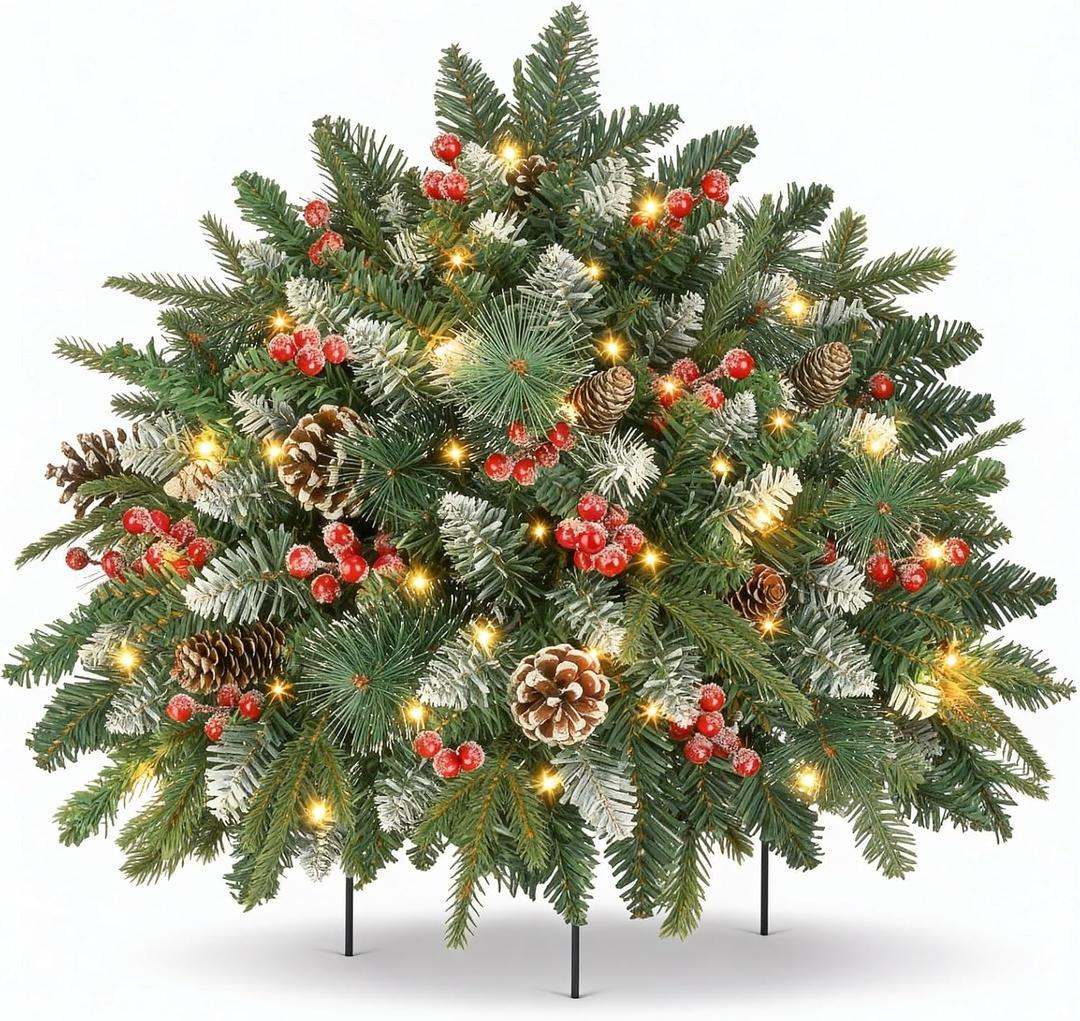 Prelit Small Christmas Tree 20" with 50 Warm LED Timer Lights, Battery Operated Xmas Tree with Red Berries & Pinecones, Frosted Urn Filler, Outdoor for Porch and Pathway,1 Pack (Snow Berry Tree)
