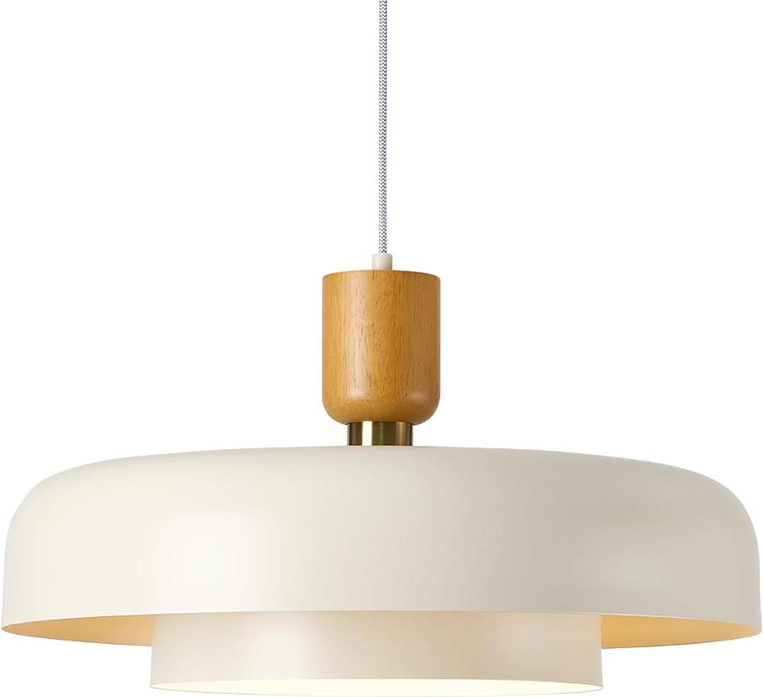 Modern Large Pendant Light 19.68 inch, 2 Tiers Soft Cream Shades, Natural Wood and Brass Accent, Mid Century Chandelier for Dining Room, Living Room, Soft cream