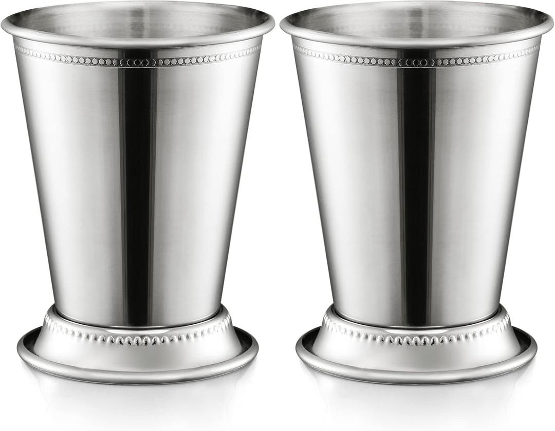 ZEAYEA Set of 2 Mint Julep Cups, Classic Stainless Steel Glasses for Party Bar Home Restaurant, 12 oz Metal Cocktail Glasses for Beer Juice Beverage, Silver