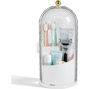 Toothbrush Holder with Cover for Bathroom Countertop, Rotating Organizer for Electric Tooth Brush and Toothpaste, 3-Slot Makeup Brush Storage, Self-Draining Vanity Counter Organizer White