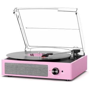 Vinyl Record Player with 2 Stereo Speakers Belt-Driven Vintage Turntables 3 Speed 3 Size Wireless Bluetooth Playback AUX-in RCA Out Headphone LP Vinyl Players Auto Stop Pale Pink