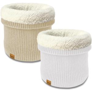 Unisex Kids Fleece-Lined Ribbed Thermal Knit Neck Warmer Gaiter | Dual Layer Winter Scarf Face Cover for Skiing Hiking (Beige/White)
