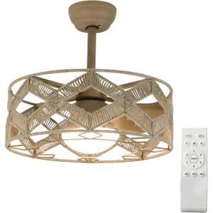 20" Caged Ceiling Fan with Light, Bladeless Industrial Fan with Remote, Fandelier Ceiling Fixture for Bedroom, 6 Speed Reversible, 1/4/8H Timing Dimmable (Brown LED)