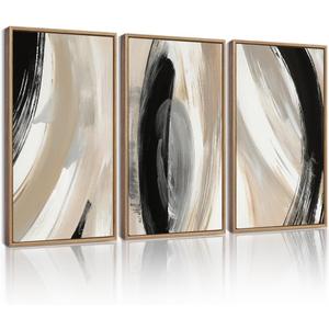 KUVIOKE Black Neutral Abstract Framed Wall Art Modern Minimalist Graffiti Pastel Wall Decor Art for Bedroom Living Room Hallway Ready to Hang 16x24in (Natural Framed) (24L" x 16W" x 3 Panels Natural)
