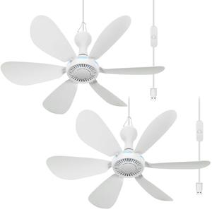 Glooglitter 2 Sets USB Hanging Ceiling Fan with Remote Control, Timing, and 6.8ft Extension Cord 6 Blade Quiet Small Dc USB Ceiling Fan for Camping Bed Dormitory Rv Tent Home Room