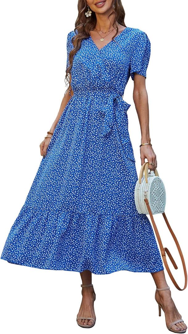 PRETTYGARDEN Women's Summer Floral Boho Maxi Dress Wrap Short Sleeve V Neck Ruffle A-Line Flowy Wedding Guest Long Dresses (Medium)