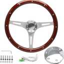 15" Classic Wood Grain Steering Wheel Riveted Light Wood Grip Universal Automotive Steering Wheels Slotted 3 Spoke with Horn Button