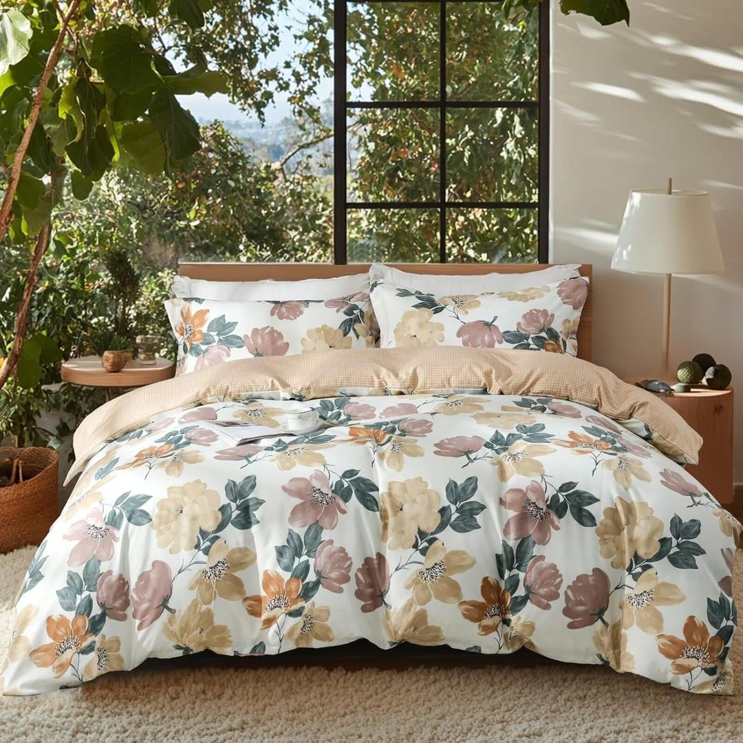 OAITE Duvet Cover Twin Size,Reversible Blooming Flower Orange Duvet Cover Set with Zipper Closure, 3 Pieces Modern Patterns Soft Microfiber Bedding Set with 8 Ties(68’’*90’’,2 Pillow Cases)