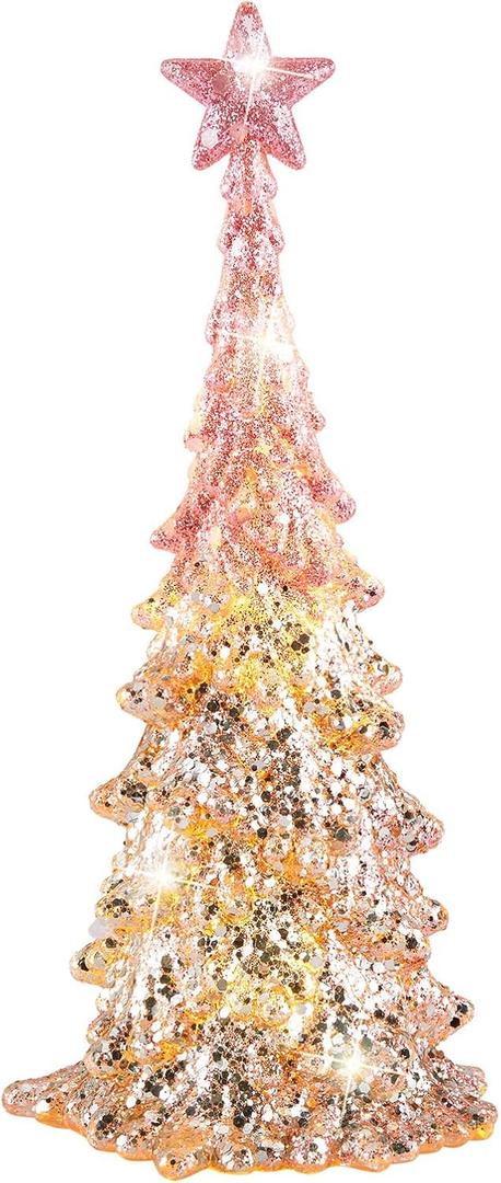 Valentines Day Gift 11 Inch Tabletop Christmas Tree with Sparkling Glitter - Battery Operated Acrylic Lighted Christmas Tree for Home Office Fireplace Valentines Day Decor