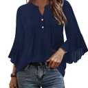 Angerella Ladies Tops & Blouses Dark Blue Office Attire Blouses Casual Business Shirts Plus Size Professional Formal Interview Clothes Relaxed Ruffled 3/4 Length Sleeve Chiffon Outfits Loose Fit S (Blue, S)